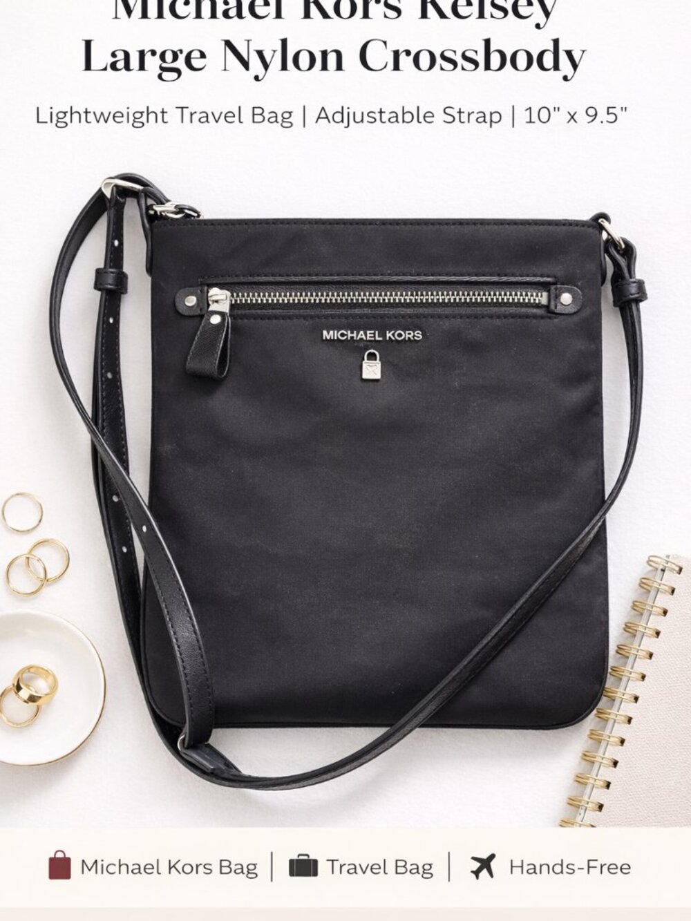 Michael Kors Kelsey Large Nylon Crossbody Black Lightweight Travel Bag Adjustabl